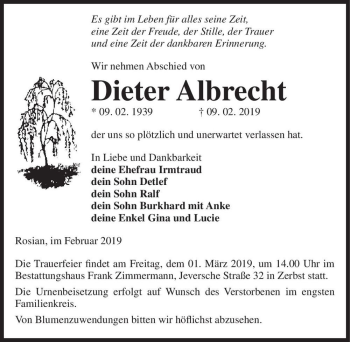 Traueranzeige von Dieter Albrecht  von Magdeburger Volksstimme