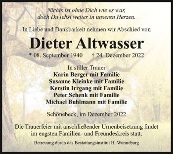 Traueranzeige von Dieter Altwasser  von Magdeburger Volksstimme