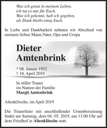 Traueranzeige von Dieter Amtenbrink  von Magdeburger Volksstimme