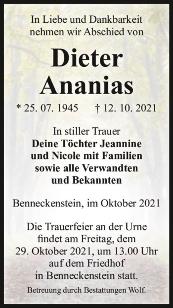 Traueranzeige von Dieter Ananias  von Magdeburger Volksstimme