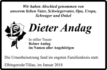 Traueranzeige von Dieter Andag  von Magdeburger Volksstimme