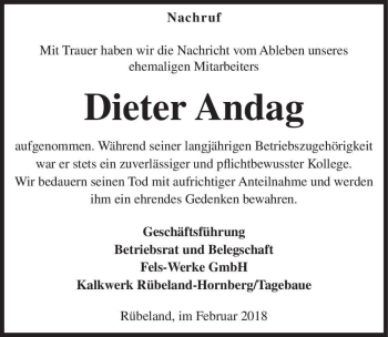 Traueranzeige von Dieter Andag  von Magdeburger Volksstimme