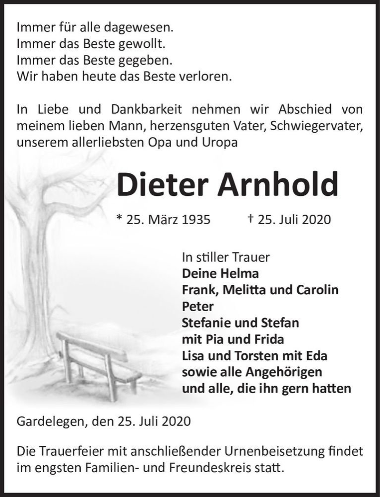  Traueranzeige für Dieter Arnhold  vom 29.07.2020 aus Magdeburger Volksstimme