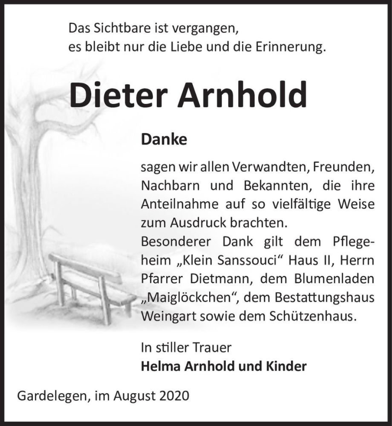  Traueranzeige für Dieter Arnhold  vom 19.08.2020 aus Magdeburger Volksstimme
