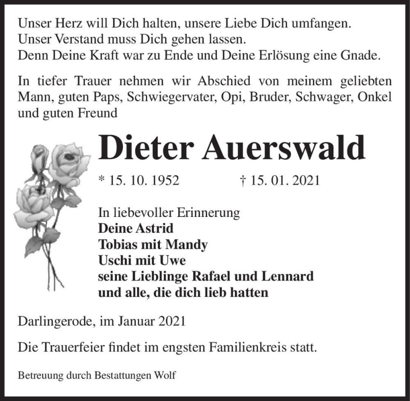  Traueranzeige für Dieter Auerswald  vom 23.01.2021 aus Magdeburger Volksstimme