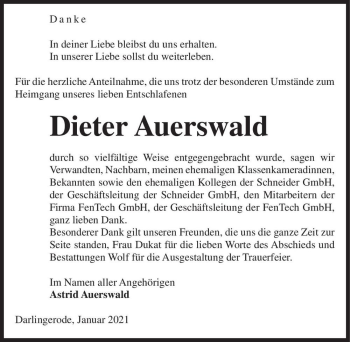 Traueranzeige von Dieter Auerswald  von Magdeburger Volksstimme