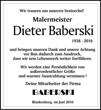 Traueranzeige von Dieter Baberski  von Magdeburger Volksstimme