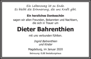 Traueranzeige von Dieter Bahrenthin  von Magdeburger Volksstimme