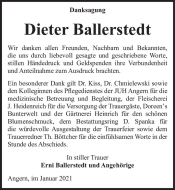 Traueranzeige von Dieter Ballerstedt  von Magdeburger Volksstimme