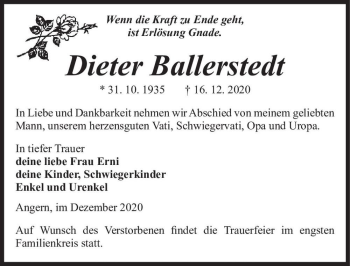 Traueranzeige von Dieter Ballerstedt  von Magdeburger Volksstimme