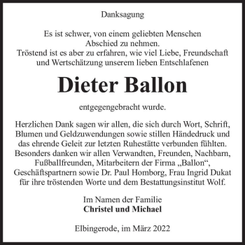 Traueranzeige von Dieter Ballon  von Magdeburger Volksstimme
