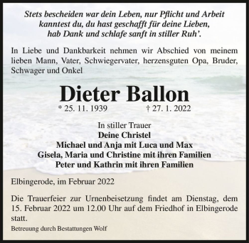 Traueranzeige von Dieter Ballon  von Magdeburger Volksstimme