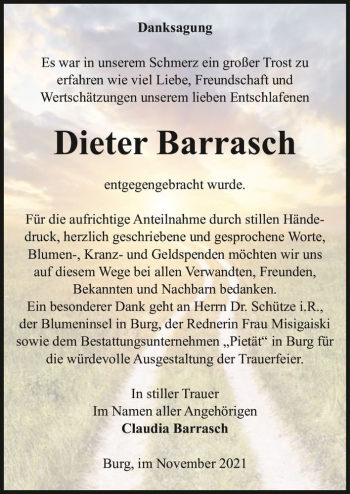 Traueranzeige von Dieter Barrasch  von Magdeburger Volksstimme