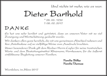 Traueranzeige von Dieter Barthold  von Magdeburger Volksstimme