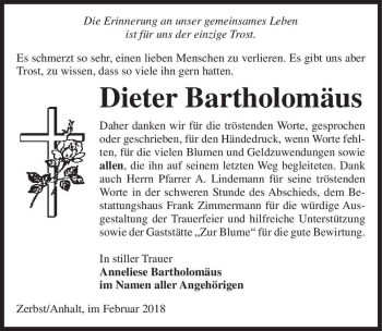 Traueranzeige von Dieter Bartholomäus  von Magdeburger Volksstimme