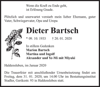 Traueranzeige von Dieter Bartsch  von Magdeburger Volksstimme