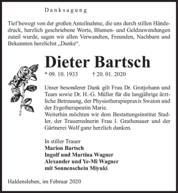 Traueranzeige von Dieter Bartsch  von Magdeburger Volksstimme