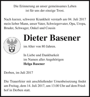 Traueranzeige von Dieter Basener  von Magdeburger Volksstimme