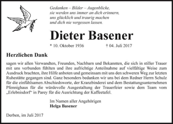 Traueranzeige von Dieter Basener  von Magdeburger Volksstimme
