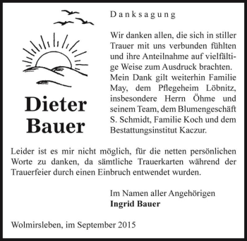 Traueranzeige von Dieter Bauer  von Magdeburger Volksstimme