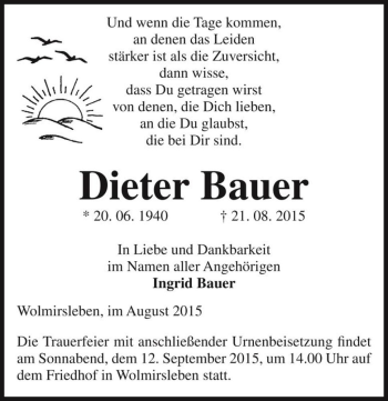 Traueranzeige von Dieter Bauer  von Magdeburger Volksstimme