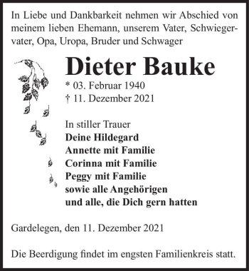 Traueranzeige von Dieter Bauke  von Magdeburger Volksstimme