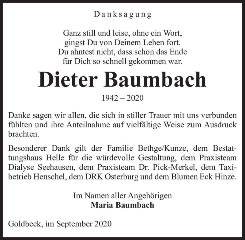  Traueranzeige für Dieter Baumbach  vom 16.10.2020 aus Magdeburger Volksstimme