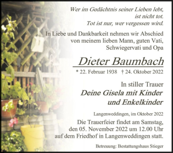 Traueranzeige von Dieter Baumbach  von Magdeburger Volksstimme
