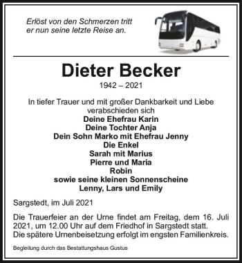 Traueranzeige von Dieter Becker  von Magdeburger Volksstimme