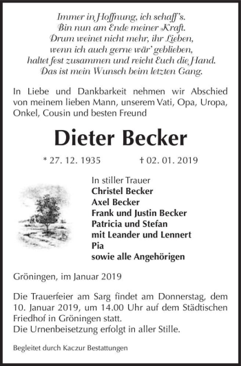 Traueranzeige von Dieter Becker  von Magdeburger Volksstimme
