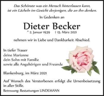 Traueranzeige von Dieter Becker  von Magdeburger Volksstimme