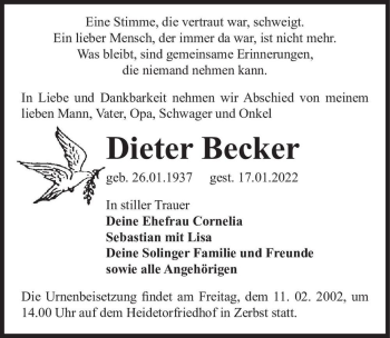 Traueranzeige von Dieter Becker  von Magdeburger Volksstimme