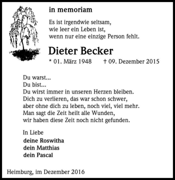 Traueranzeige von Dieter Becker  von Magdeburger Volksstimme