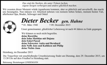 Traueranzeige von Dieter Becker (gen. Hahne)  von Magdeburger Volksstimme