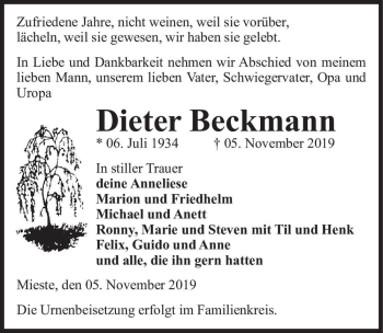 Traueranzeige von Dieter Beckmann  von Magdeburger Volksstimme