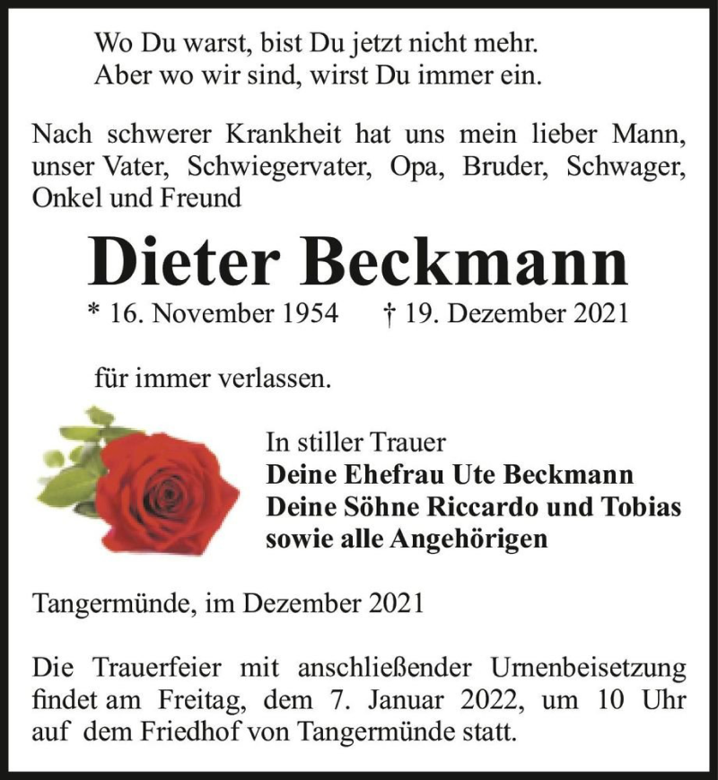  Traueranzeige für Dieter Beckmann  vom 22.12.2021 aus Magdeburger Volksstimme