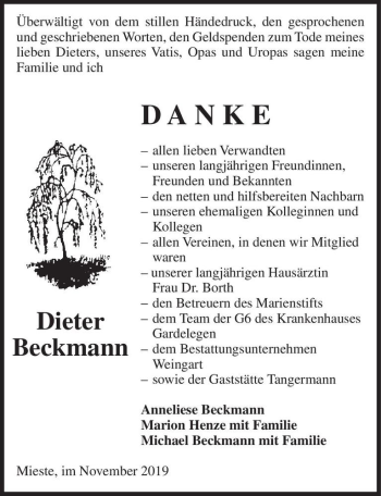 Traueranzeige von Dieter Beckmann  von Magdeburger Volksstimme