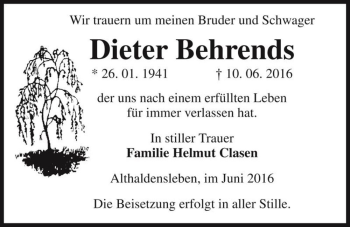 Traueranzeige von Dieter Behrends  von Magdeburger Volksstimme