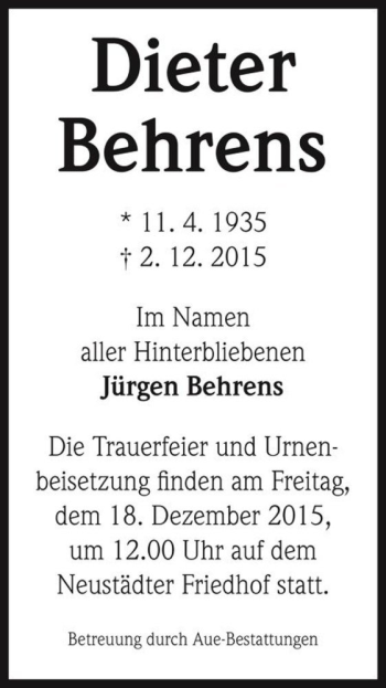 Traueranzeige von Dieter Behrens  von Magdeburger Volksstimme