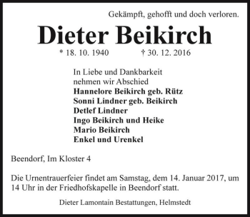 Traueranzeige von Dieter Beikirch  von Magdeburger Volksstimme