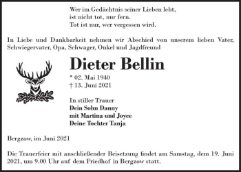 Traueranzeige von Dieter Bellin  von Magdeburger Volksstimme