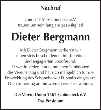 Traueranzeige von Dieter Bergmann  von Magdeburger Volksstimme