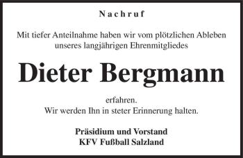 Traueranzeige von Dieter Bergmann  von Magdeburger Volksstimme