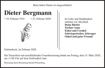 Traueranzeige von Dieter Bergmann  von Magdeburger Volksstimme