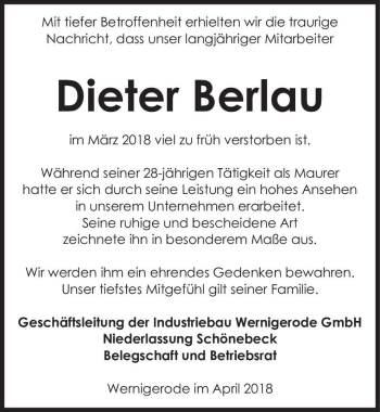 Traueranzeige von Dieter Berlau  von Magdeburger Volksstimme