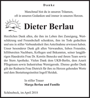 Traueranzeige von Dieter Berlau  von Magdeburger Volksstimme