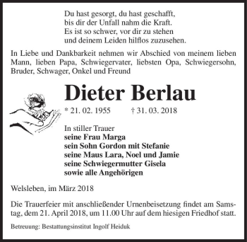 Traueranzeige von Dieter Berlau  von Magdeburger Volksstimme