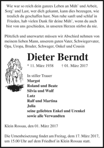 Traueranzeige von Dieter Berndt  von Magdeburger Volksstimme