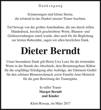 Traueranzeige von Dieter Berndt  von Magdeburger Volksstimme