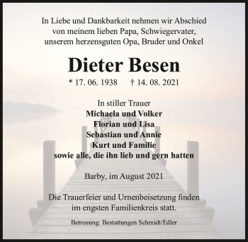 Traueranzeige von Dieter Besen  von Magdeburger Volksstimme